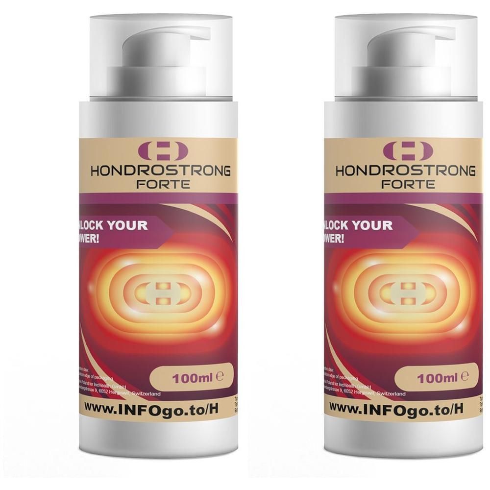 Zwei Flaschen Hondrostrong Forte mit Dosierpumpe. Aufschrift: Hondrostrong Forte, 100ml. Logo und Schriftzug auf Etikett.