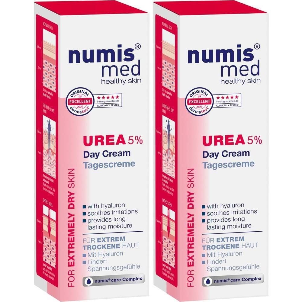 Zwei rechteckige Faltschachteln. Aufschrift: numis med, UREA 5% Tagescreme. Für extrem trockene Haut. Mit Hyaluron.