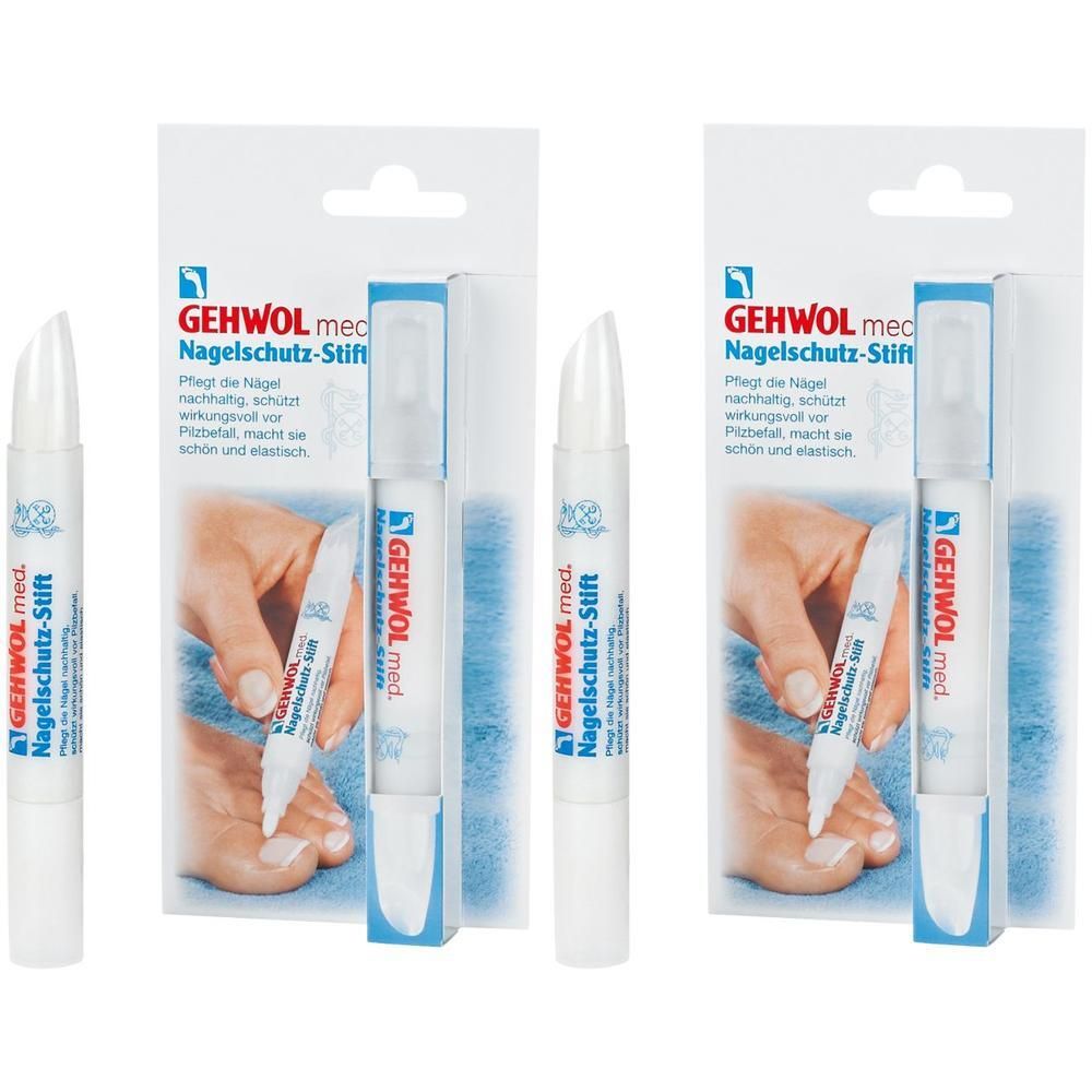 Zwei Stifte mit weißer Spitze und weißem Gehäuse. Auf der Verpackung steht "GEHWOL med Nagelschutz-Stift".