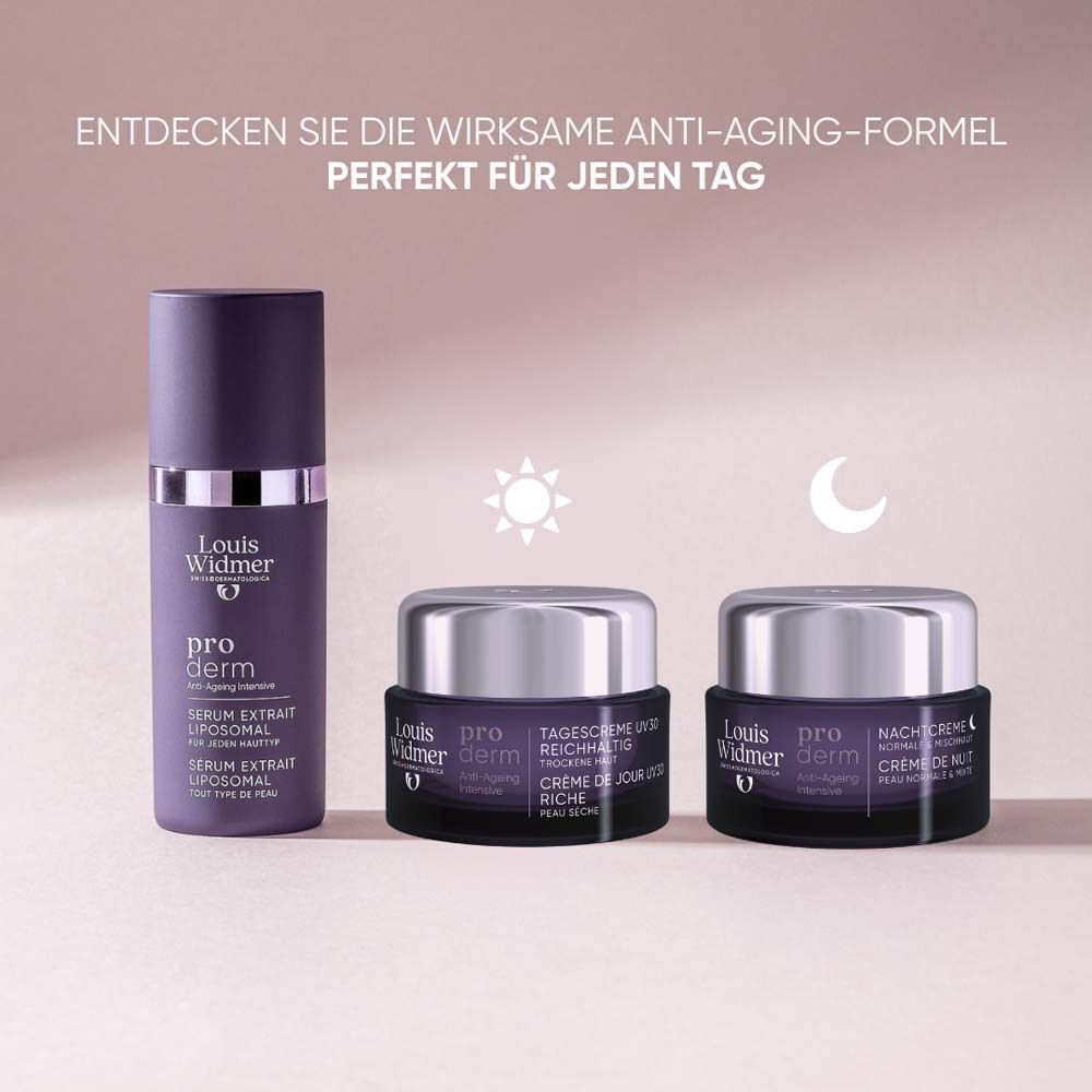 Drei Produkte. Serum, Tagescreme, Nachtcreme. Aufschrift: Louis Widmer proderm.