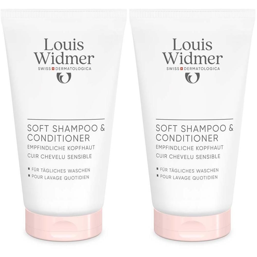 Zwei Tuben Louis Widmer Soft Shampoo & Conditioner. Weiße Tuben mit rosa Verschlusskappe. Produktname und Logo sind deutlich sichtbar.