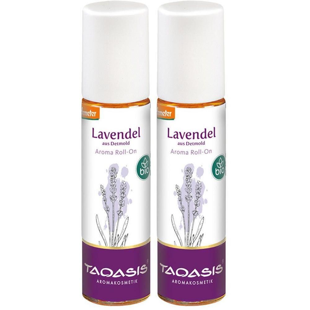 Zwei Roll-on-Flaschen mit weißem Deckel. Aufschrift: Lavendel, Aroma Roll-On, Bio-Siegel. Marke: TAOASIS.