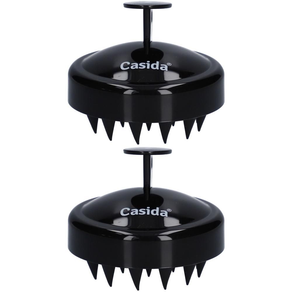 Zwei schwarze Kopfhautmassagebürsten mit Silikonborsten. Jede Bürste hat einen Griff und den Schriftzug "Casida".