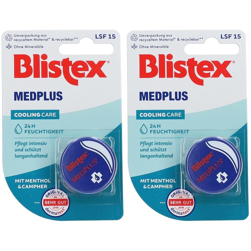 Zwei Blistex® MedPlus Tiegel in Blisterverpackung. Blaue Tiegel mit weißer Schrift. Aufschrift: Cooling Care, 24H Feuchtigkeit, mit Menthol & Campher.