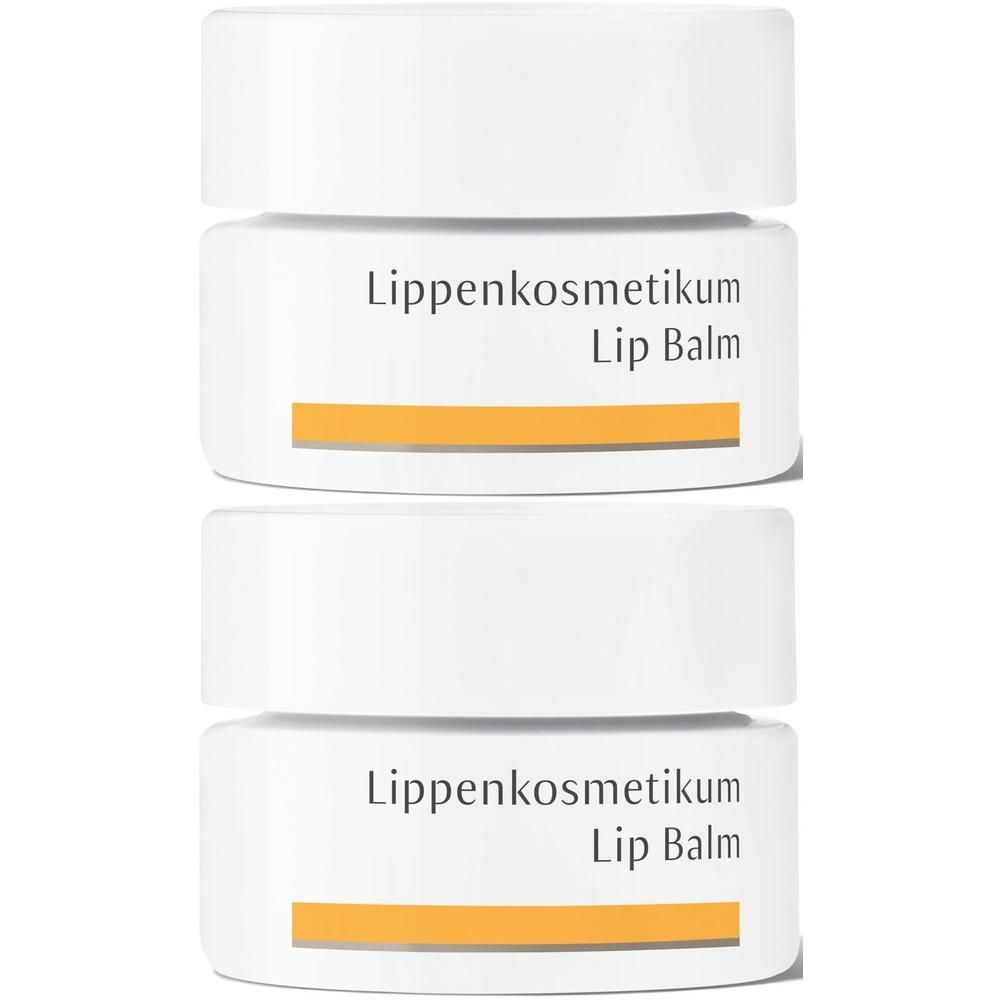Zwei weiße Tiegel mit Lippenkosmetikum und der Aufschrift "Lippen Kosmetikum Lip Balm".