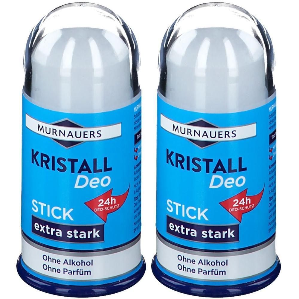Zwei Deosticks mit transparentem Deckel. Blaue Etiketten mit Schriftzug: MURNAUERS KRISTALL Deo STICK extra stark. Ohne Alkohol, Parfüm.