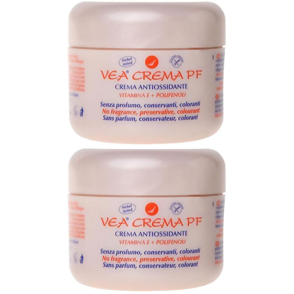 Zwei Tiegel VEA® Crema PF. Aufschrift: CREMA ANTIOSSIDANTE, VITAMINA E + POLIFENOLI. Ohne Duftstoffe, Konservierungsstoffe, Farbstoffe.
