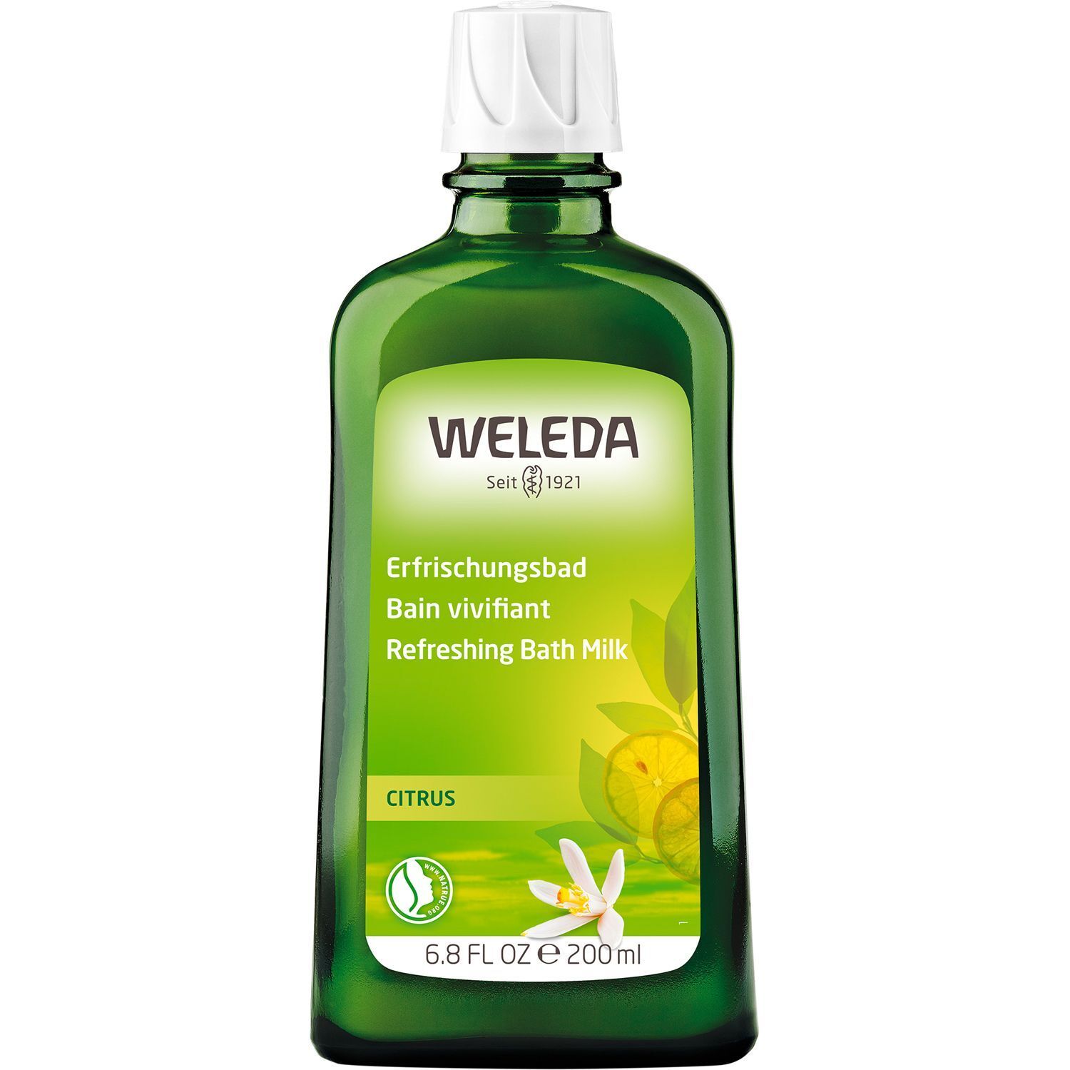Grüne Flasche mit weißem Verschluss. Aufschrift: Weleda, Erfrischungsbad, Citrus Limone. 6.8 fl oz 200ml.