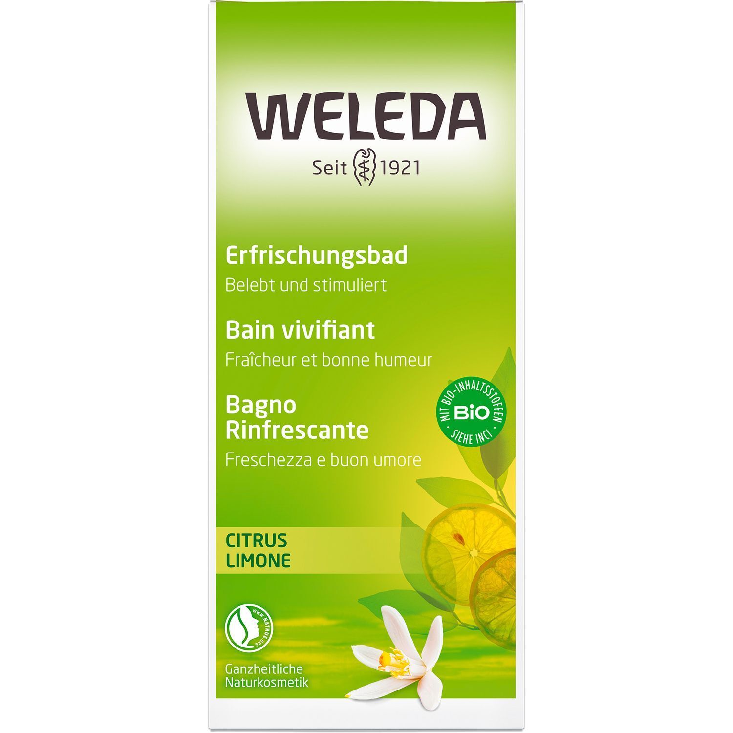 Verpackung mit Aufschrift: Weleda, Erfrischungsbad, Citrus Limone. Mit Bio-Siegel.