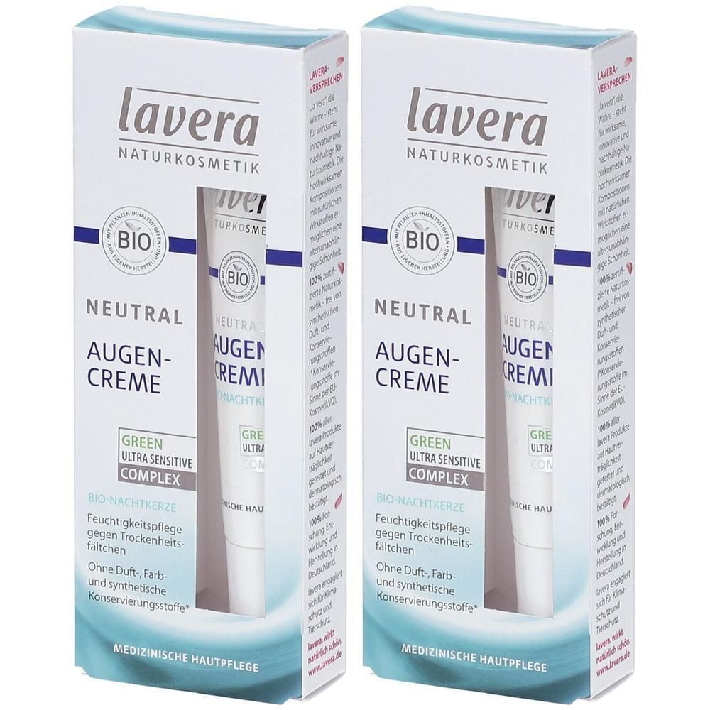 Zwei Packungen Augencreme. Weiße Kartons mit Produktnamen und Logo. Sichtbar ist eine Tube mit Augencreme.