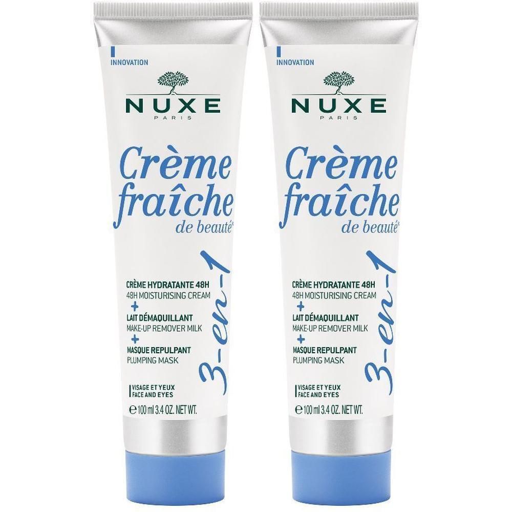 Zwei Tuben Crème Fraîche de Beauté. Weiß, mit blauem Deckel und Schriftzug. Enthält 3-en-1 Feuchtigkeitspflege.
