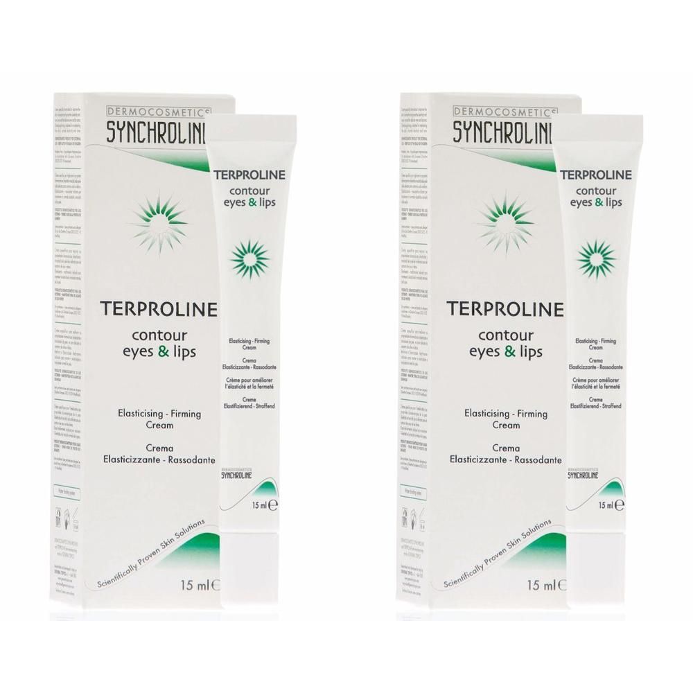 Zwei Tuben und Schachteln SYNCHROLINE Terproline Contour Eyes+Lips Creme. Weiße Verpackung mit grünen Akzenten und Produktnamen.