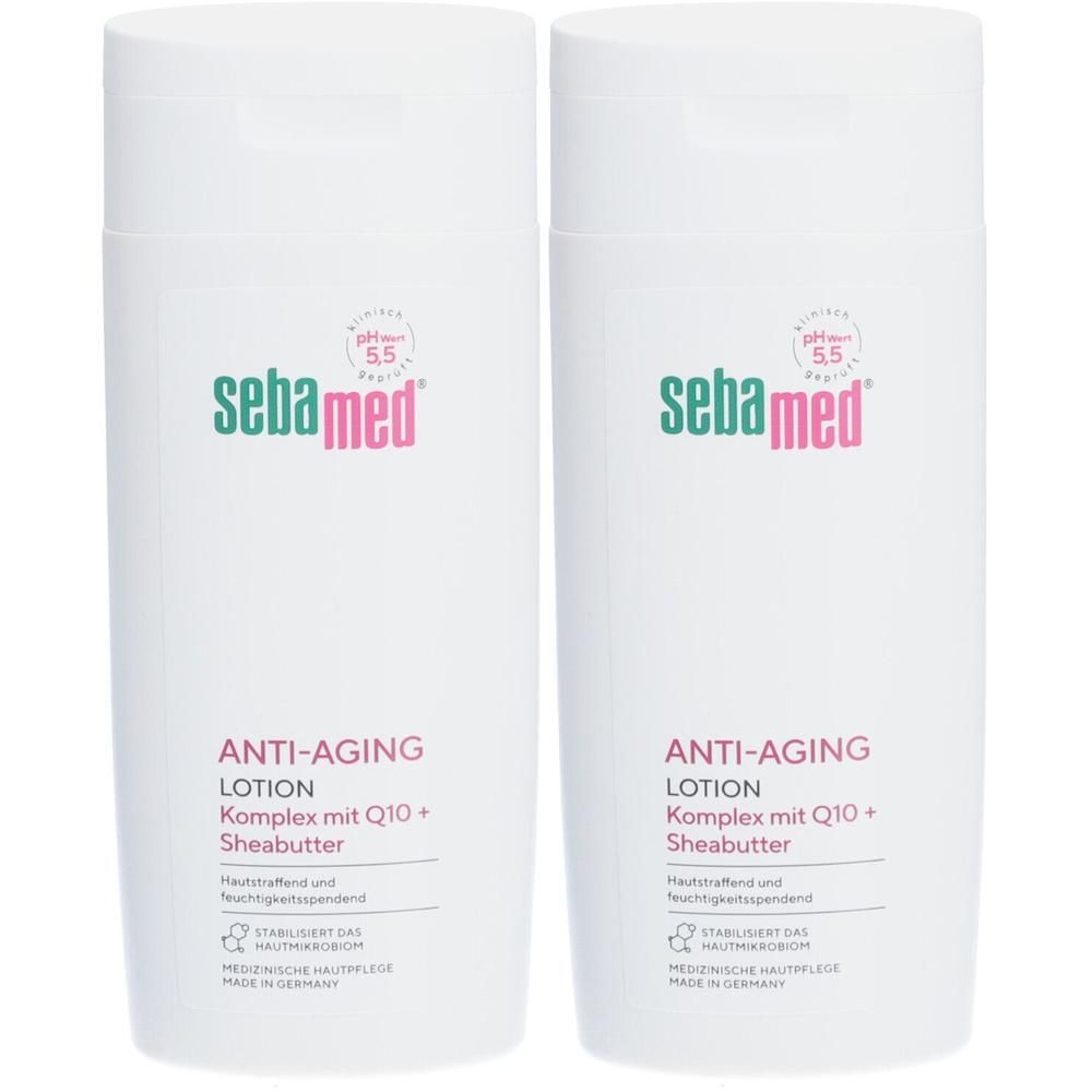 Zwei weiße Lotionflaschen mit grüner und pinkfarbener Aufschrift. Aufschrift: sebamed, Anti-Aging Lotion, Komplex mit Q10 + Sheabutter.