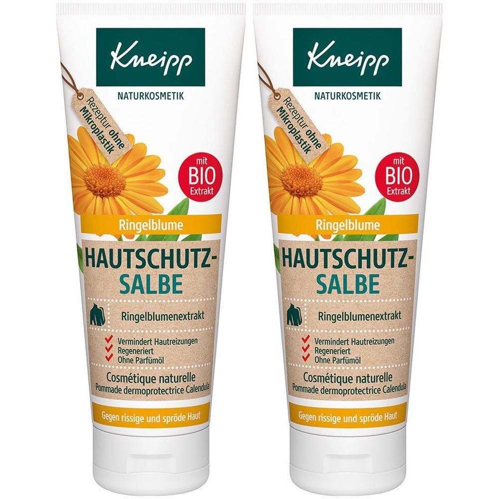 Zwei Tuben Kneipp Hautschutzsalbe. Weiße Tuben mit grüner und brauner Beschriftung. Mit Ringelblume und Bio-Extrakt.
