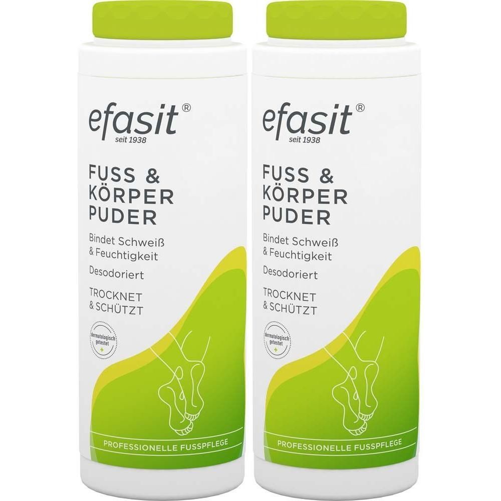 Zwei weiße Flaschen efasit® Fuß & Körper Puder mit grünem Deckel. Aufschrift: Fuss & Körper Puder, bindet Schweiß & Feuchtigkeit, desodoriert, trocknet & schützt.