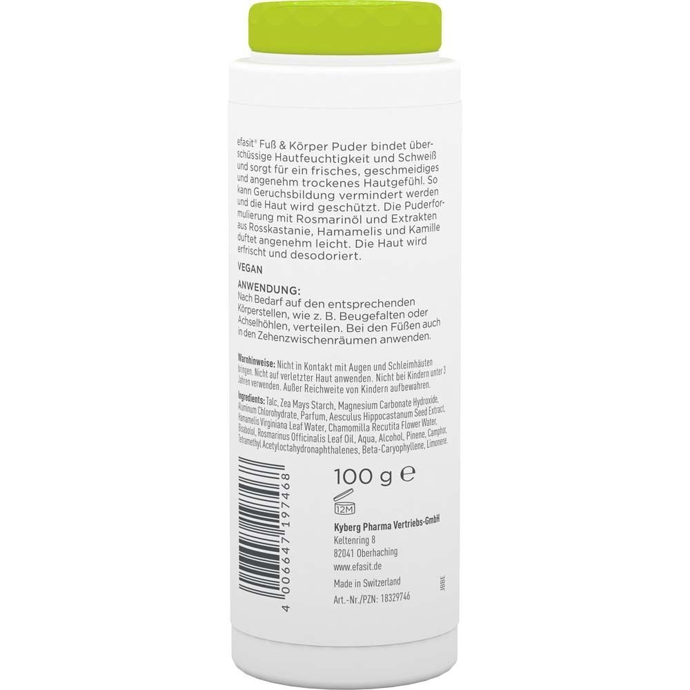 Weiße Flasche efasit® Fuß & Körper Puder mit grünem Deckel. Rückseite mit Text und Inhaltsangaben. Aufschrift: 100 g e.