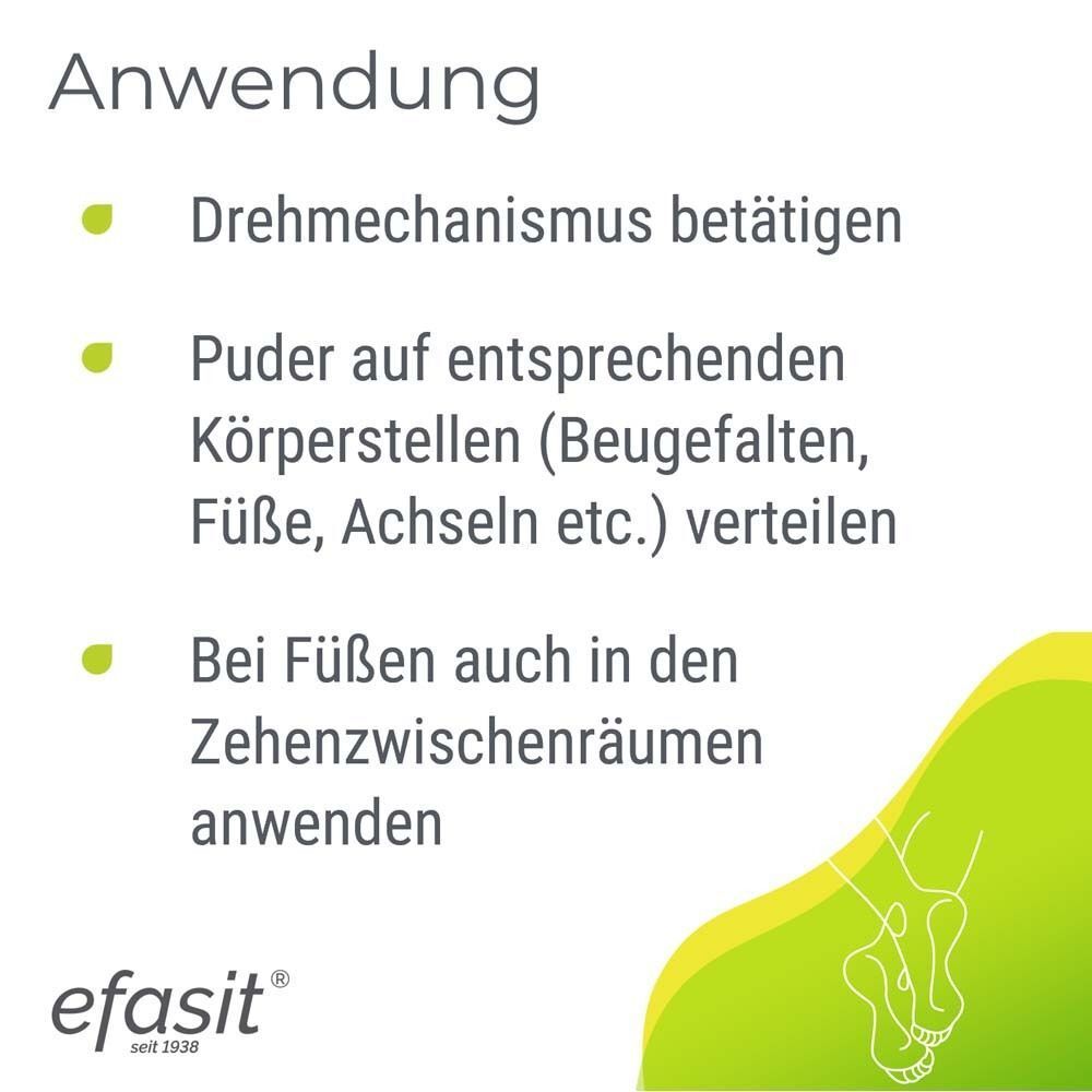 Anwendungshinweise für efasit® Fuß & Körper Puder. Text: Drehmechanismus betätigen, Puder auf Körperstellen verteilen, bei Füßen auch in Zehenzwischenräumen anwenden.