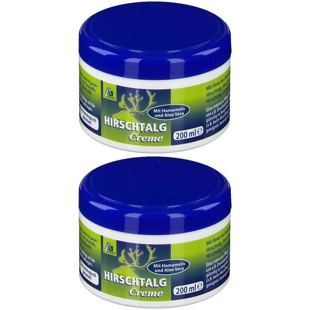 Zwei Tiegel Avitale® Hirschtalg Creme mit blauem Deckel. Aufschrift: Hirschtalg Creme, 200 ml. Mit Hamamelis und Aloe Vera.