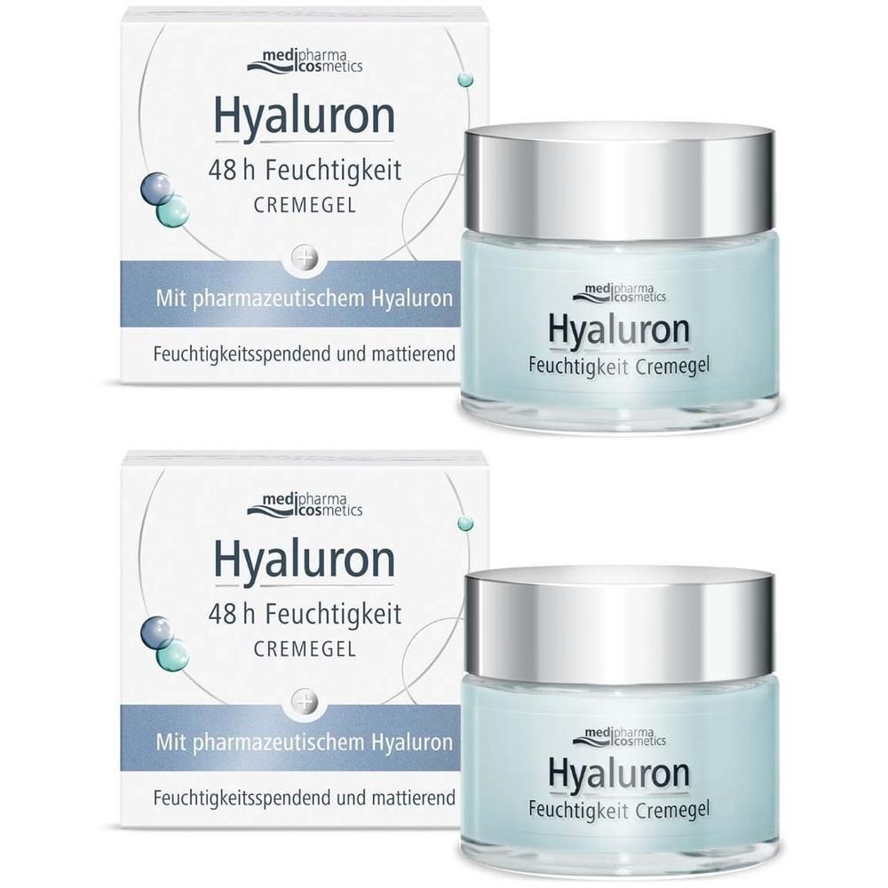 Zwei Cremegel-Tiegel und Verpackungen. Aufschrift: Hyaluron 48h Feuchtigkeit Cremegel. Mit pharmazeutischem Hyaluron.