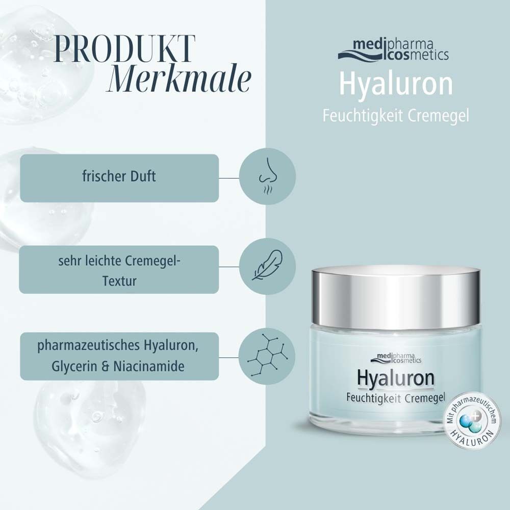 Produktmerkmale: Frischer Duft, sehr leichte Cremegel-Textur, pharmazeutisches Hyaluron, Glycerin & Niacinamid. Tiegel.