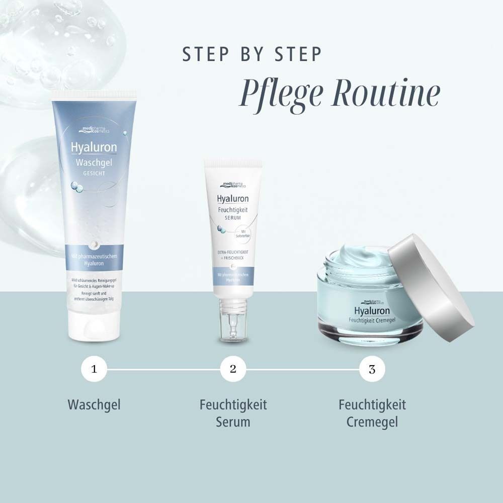 Pflege Routine: Waschgel, Feuchtigkeit Serum, Feuchtigkeit Cremegel. Produkte in einer Reihe angeordnet.