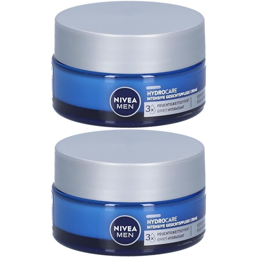 Zwei Tiegel NIVEA MEN Hydrocare Gesichtscreme. Blaue Gläser mit silbernen Deckeln. Logo und Produktbezeichnung.