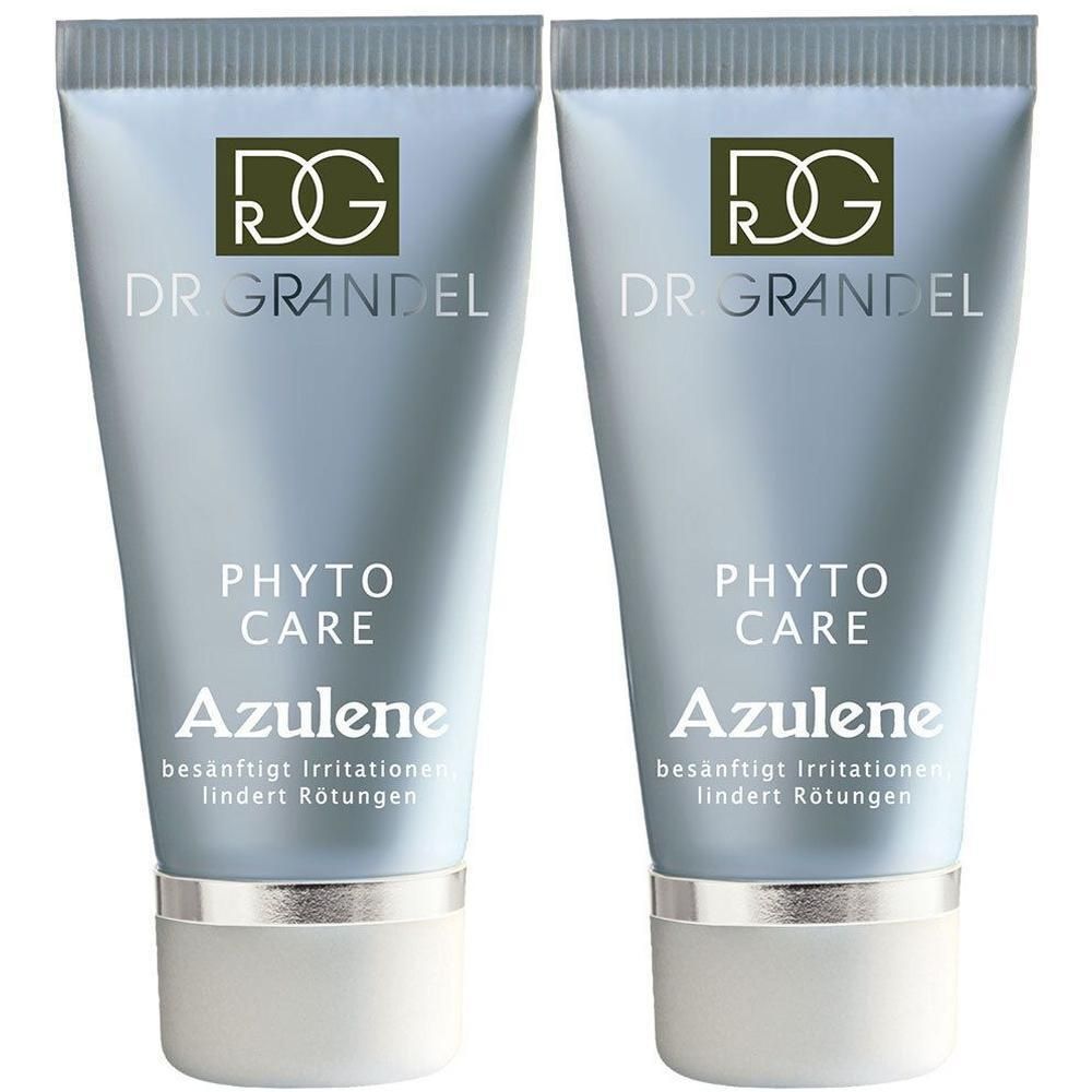 Zwei Tuben Dr. Grandel Phyto Care Azulene. Hellblaue Tuben mit silbernen Verschlüssen. Text: Azulene, lindert Rötungen.