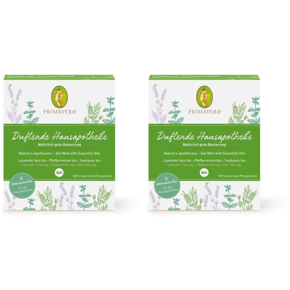 Zwei grüne und weiße Kartons mit Produktnamen und Logo. Text: Duftende Hausapotheke, Primavera, 100% natürliche Pflanzenöle.
