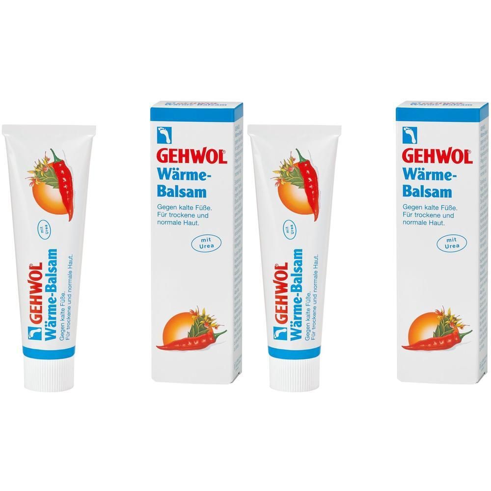 Drei Tuben und zwei Schachteln GEHWOL Wärme-Balsam. Die Tuben sind weiß mit blauer Schrift und einem Chili-Pfeffer-Motiv. Die Schachteln sind blau-weiß.