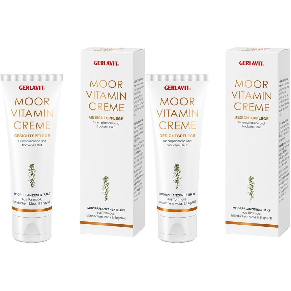 Mehrere Tuben und Faltschachteln mit Produktaufdruck. Aufschrift: GERLAVIT MOOR VITAMIN CREME. Gesichtspflege für empfindliche und trockene Haut.