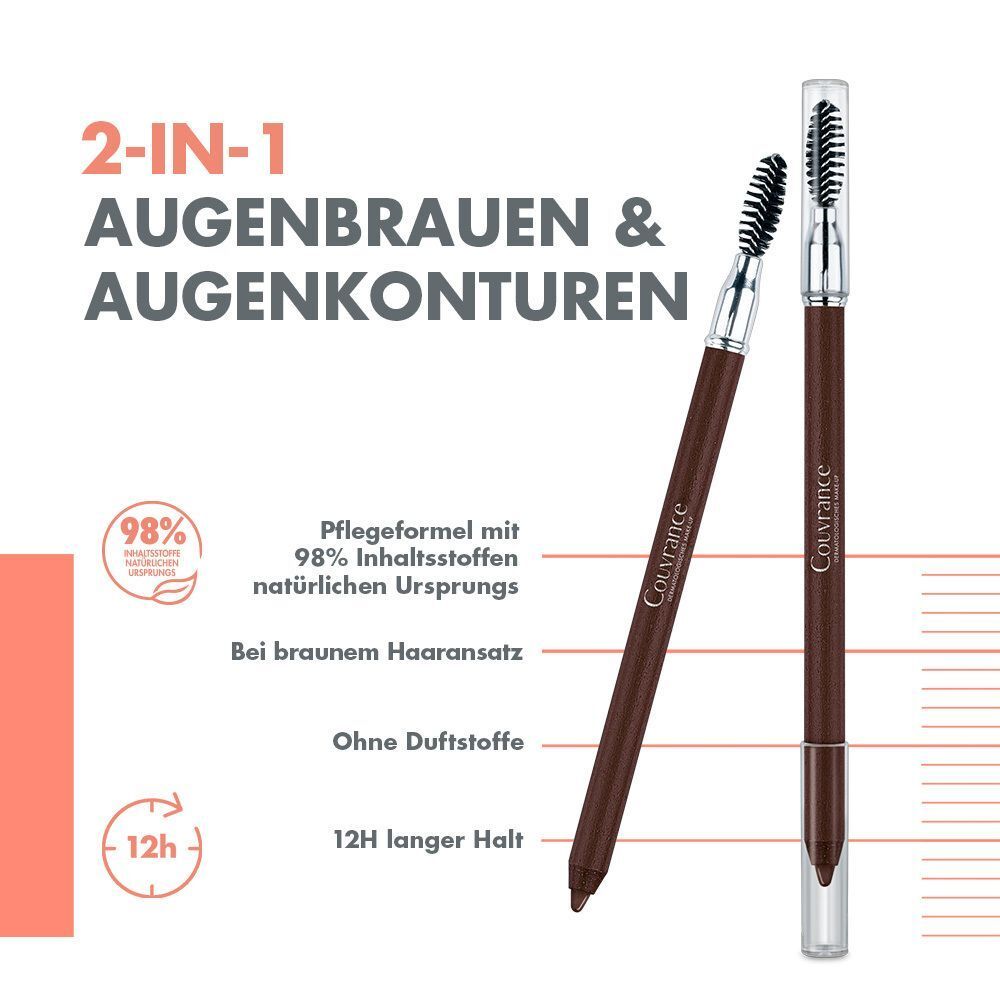 Augenbrauenstift mit Bürste und transparenter Kappe. Text: 2-IN-1, Couvrance, 98% Inhaltsstoffe natürlichen Ursprungs.