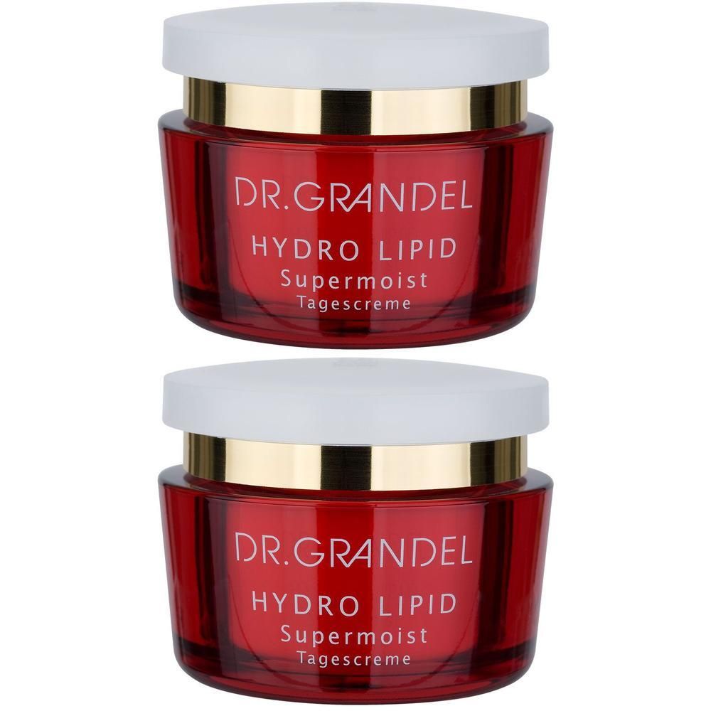 Zwei Tiegel Creme, rot mit weißem Deckel. Aufschrift: DR. GRANDEL HYDRO LIPID Supermoist Tagescreme.