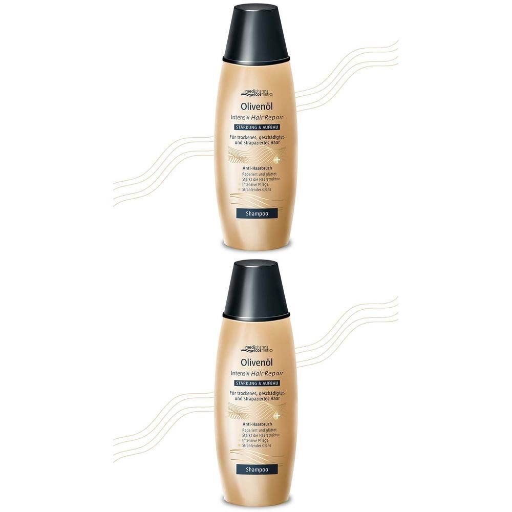 Zwei Flaschen Olivenöl Intensiv Hair Repair Shampoo. Beige Flaschen mit schwarzem Deckel. Text: medipharma cosmetics, Olivenöl, Shampoo.