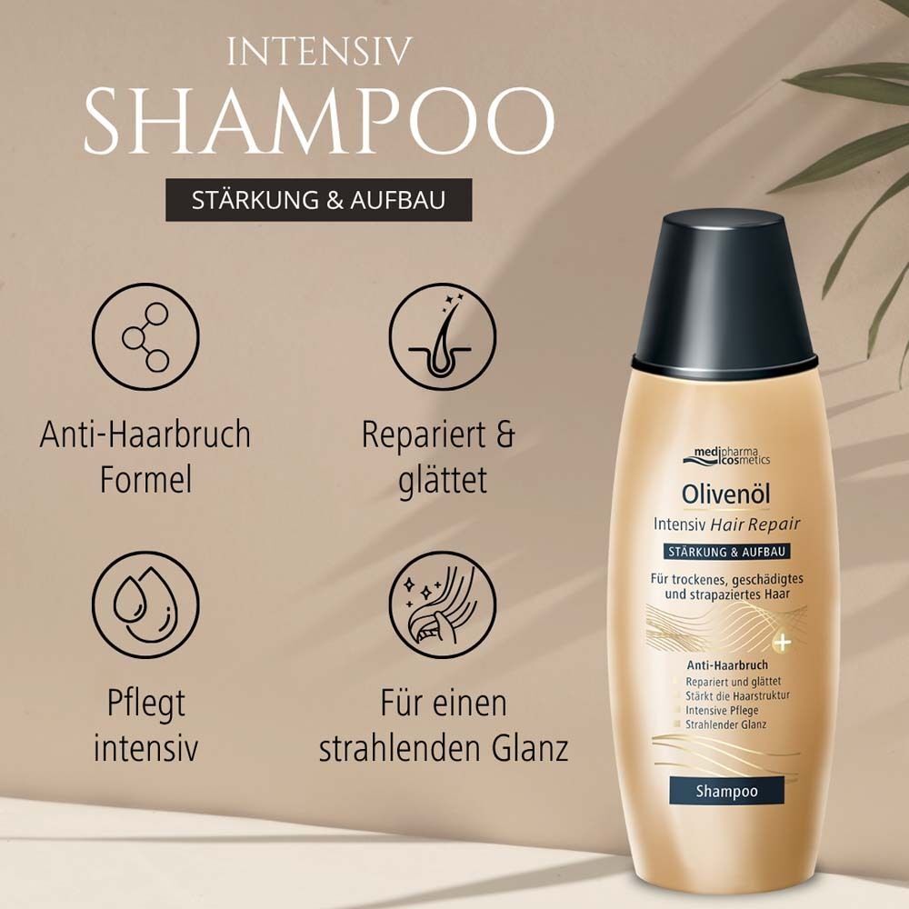 Flasche Olivenöl Intensiv Shampoo mit Icons. Text: Anti-Haarbruch Formel, repariert & glättet, pflegt intensiv, für einen strahlenden Glanz.