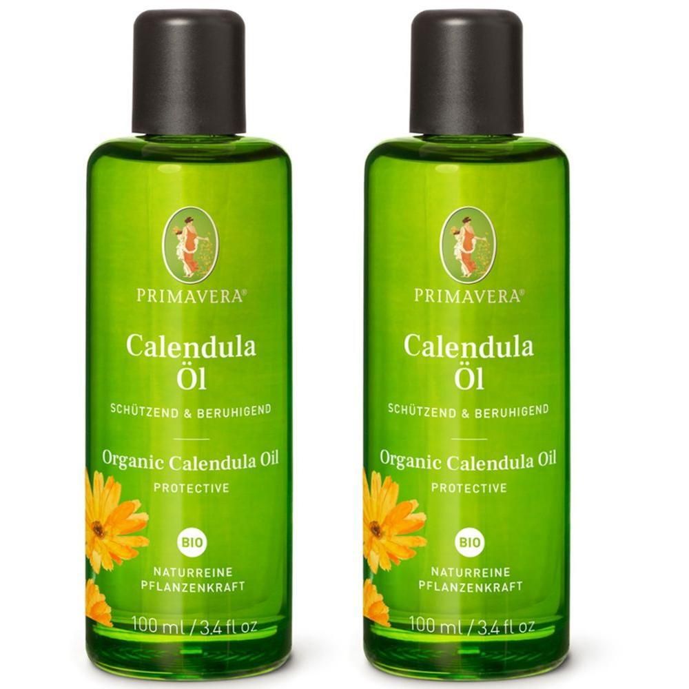 Zwei grüne Flaschen mit schwarzem Verschluss. Aufschrift: PRIMAVERA, Calendula Öl, BIO. Mit gelben Blüten und Text.