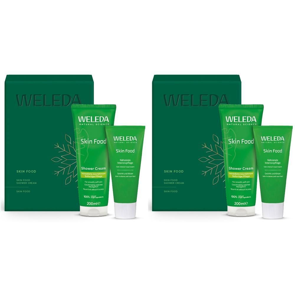 Zwei grüne Geschenksets mit Produkten. Jedes Set enthält eine Tube und eine Flasche mit weißem Deckel. Aufschrift: Weleda Skin Food.