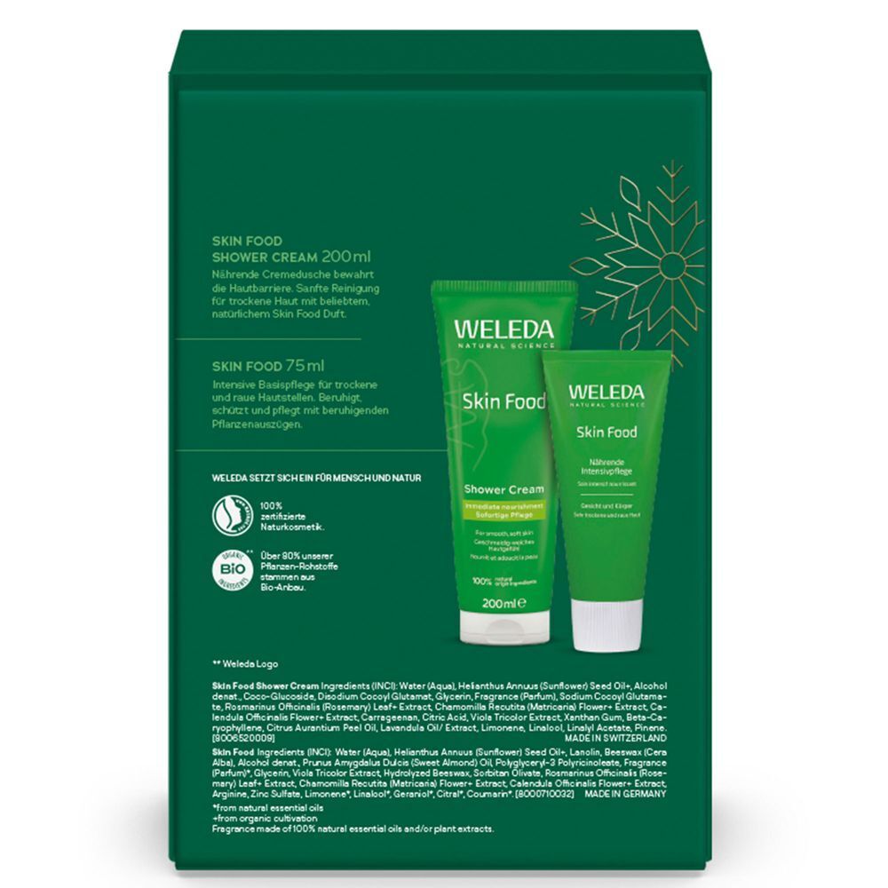 Rückseite der Geschenkbox mit zwei Tuben. Aufschrift: Weleda Skin Food, Shower Cream, 200ml, 75ml. Mit Inhaltsangaben und Bio-Siegel.