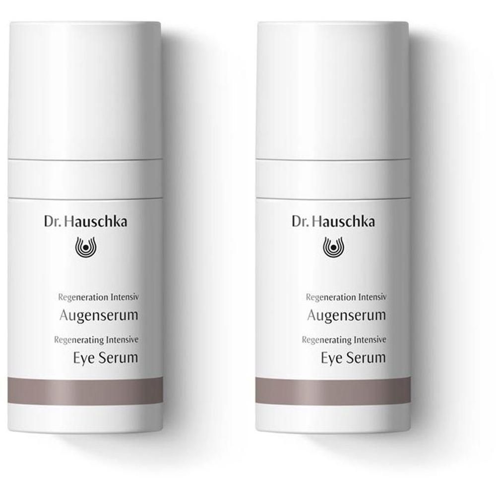 Zwei weiße Flakons mit Aufschrift Dr. Hauschka, Augenserum. Brauner Streifen am unteren Ende. Text: Regeneration Intensiv, Eye Serum.
