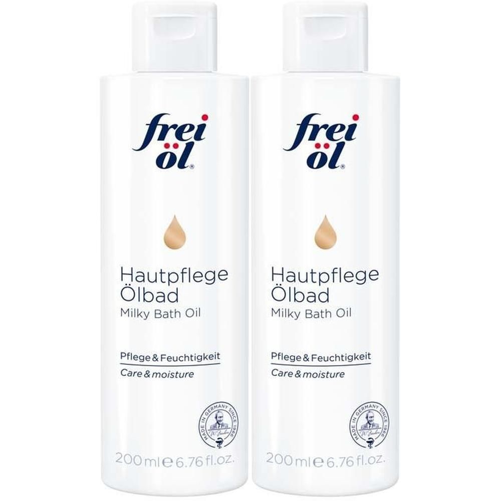 Zwei weiße Flaschen frei öl® HautpflegeÖlbad. Aufschrift: Pflege & Feuchtigkeit, Milky Bath Oil. Mit Siegel.