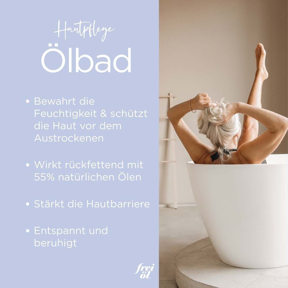 Frau in Badewanne. Text: Bewahrt Feuchtigkeit, schützt vor Austrocknen, rückfettend, stärkt Hautbarriere, entspannt.