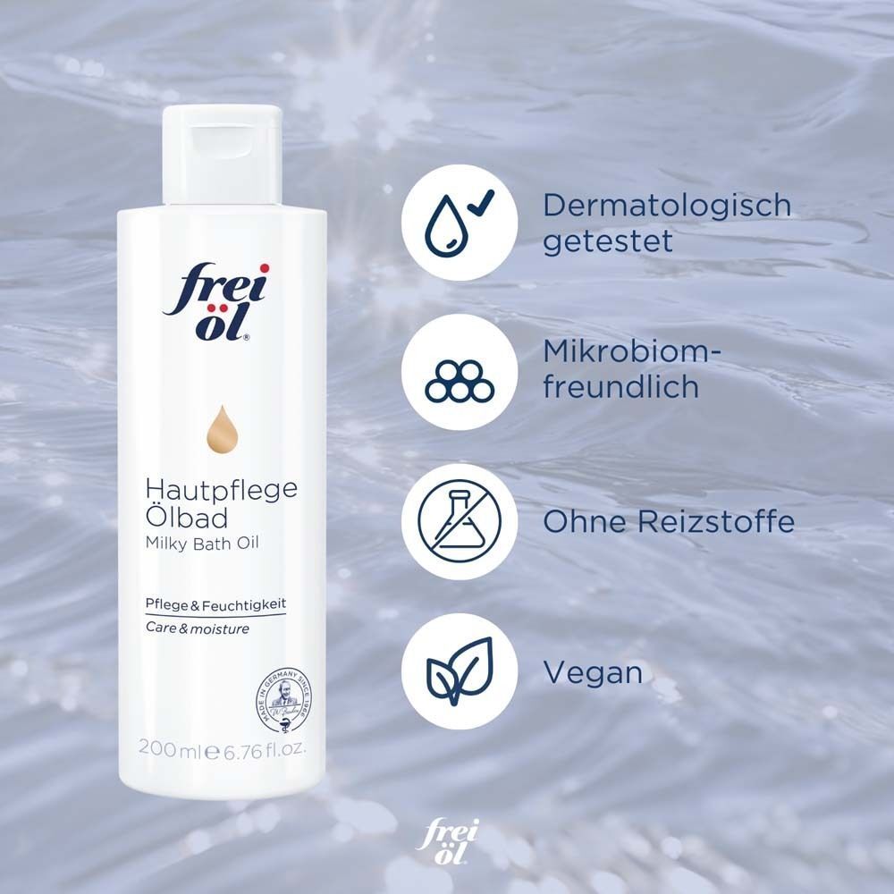 Flasche frei öl® HautpflegeÖlbad. Text: Dermatologisch getestet, mikrobiomfreundlich, ohne Reizstoffe, vegan.