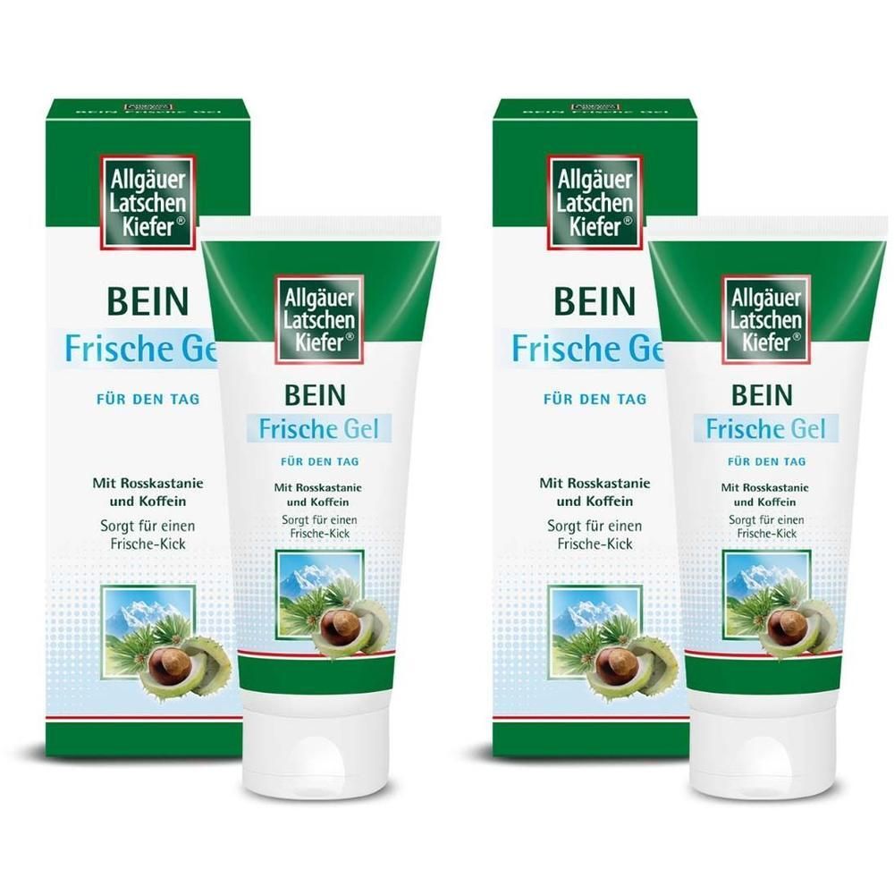 Zwei Tuben und zwei Kartons Bein Frische Gel. Grün-weiße Verpackung mit Produktnamen und Logo. Abbildung von Rosskastanie.