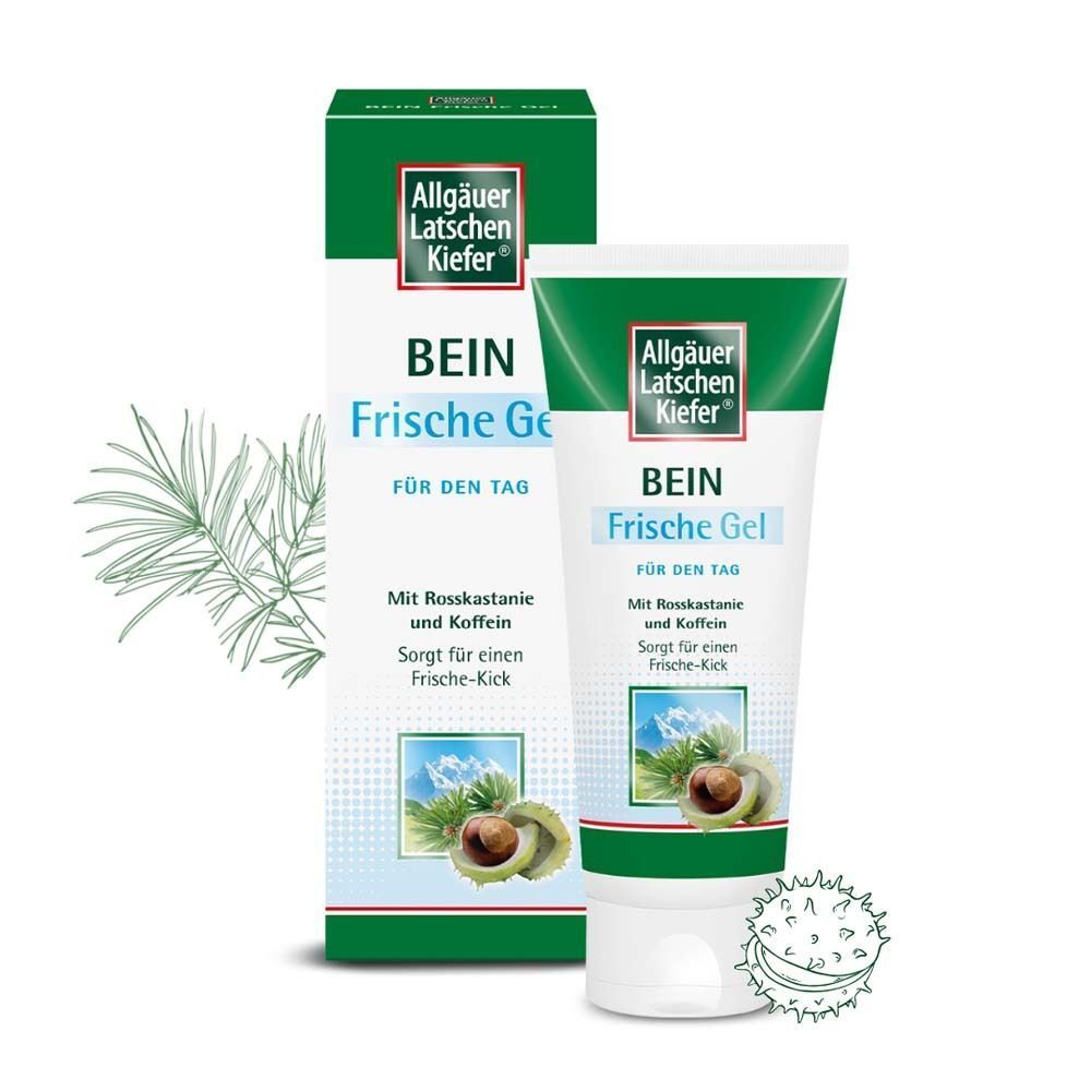 Eine Tube und ein Karton Bein Frische Gel. Grün-weiße Verpackung mit Produktnamen und Logo. Abbildung von Rosskastanie und Kiefernzweig.