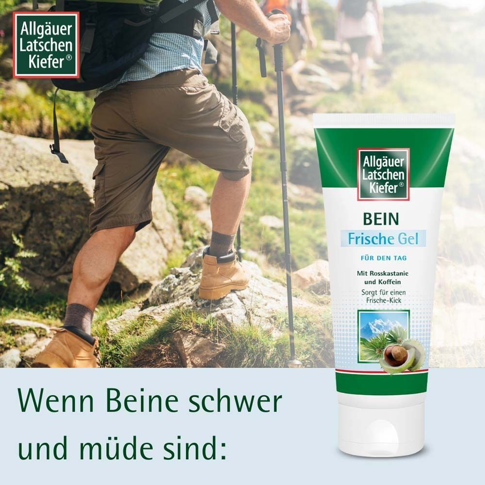 Personen beim Wandern. Im Vordergrund eine Tube Bein Frische Gel. Logo und Produktname sichtbar. Text: Wenn Beine schwer und müde sind.