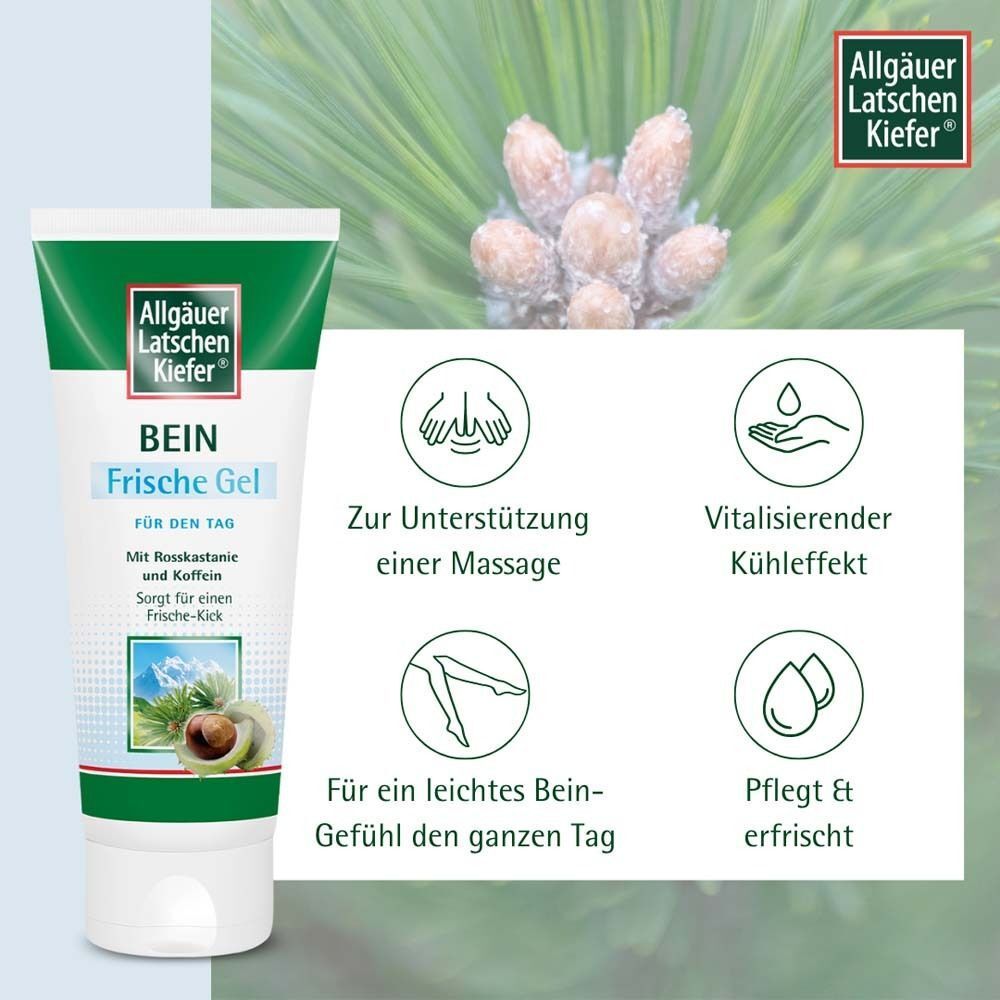Eine Tube Bein Frische Gel. Grün-weiße Verpackung mit Logo und Produktnamen. Vier Icons: Massage, kühlender Effekt, leichtes Bein-Gefühl, Pflege.