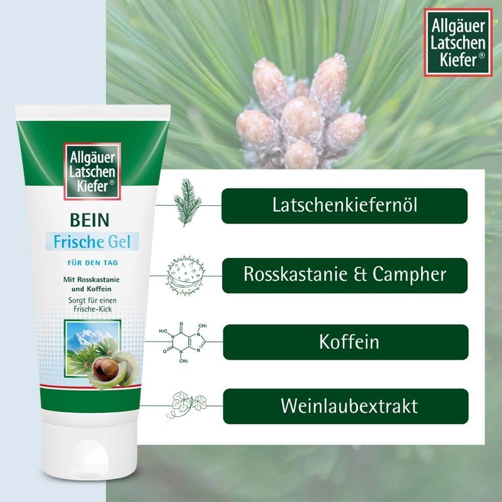 Eine Tube Bein Frische Gel. Grün-weiße Verpackung mit Logo und Produktnamen. Inhaltsstoffe: Latschenkiefernöl, Rosskastanie & Kampfer, Koffein, Weinlaubextrakt.