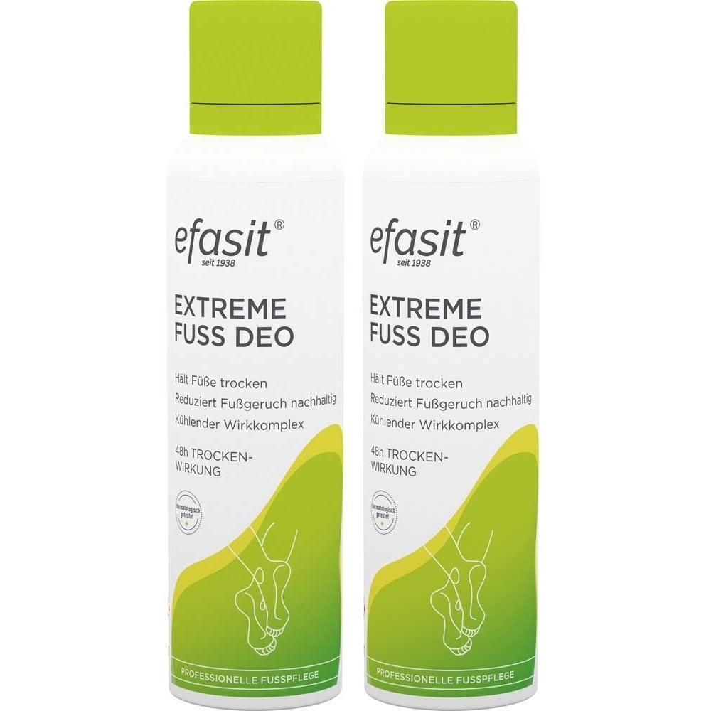 Zwei weiße Sprühflaschen mit grünem Deckel. Aufschrift: "efasit® EXTREME FUSS DEO".
