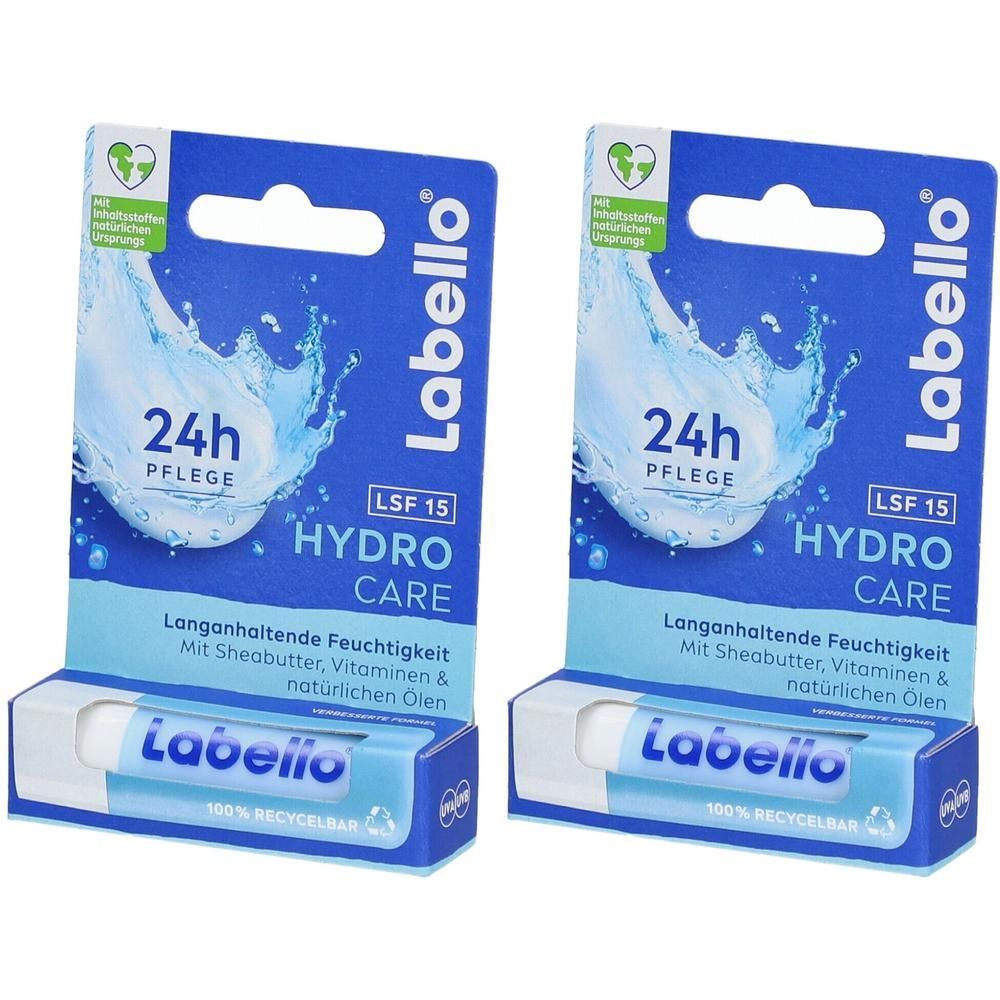 Zwei Labello® Hydro Care Lippenpflegestifte in Blisterverpackung. Blaue Verpackung mit Produktnamen, 24h Pflege und LSF 15.