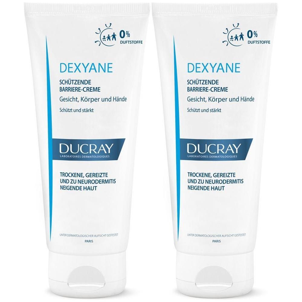 Zwei Tuben DUCRAY DEXYANE Barriere-Creme. Weiße Tuben mit blauer Schrift. Aufschrift: DEXYANE, Schützende Barriere-Creme.