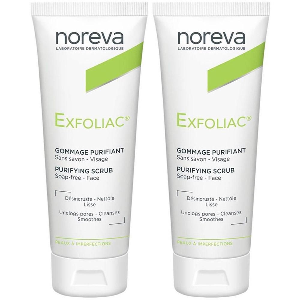Zwei Tuben Noreva Exfoliac Gesichtspeeling. Weiße Tuben mit grünen Akzenten. Produktname und Beschreibung in mehreren Sprachen.